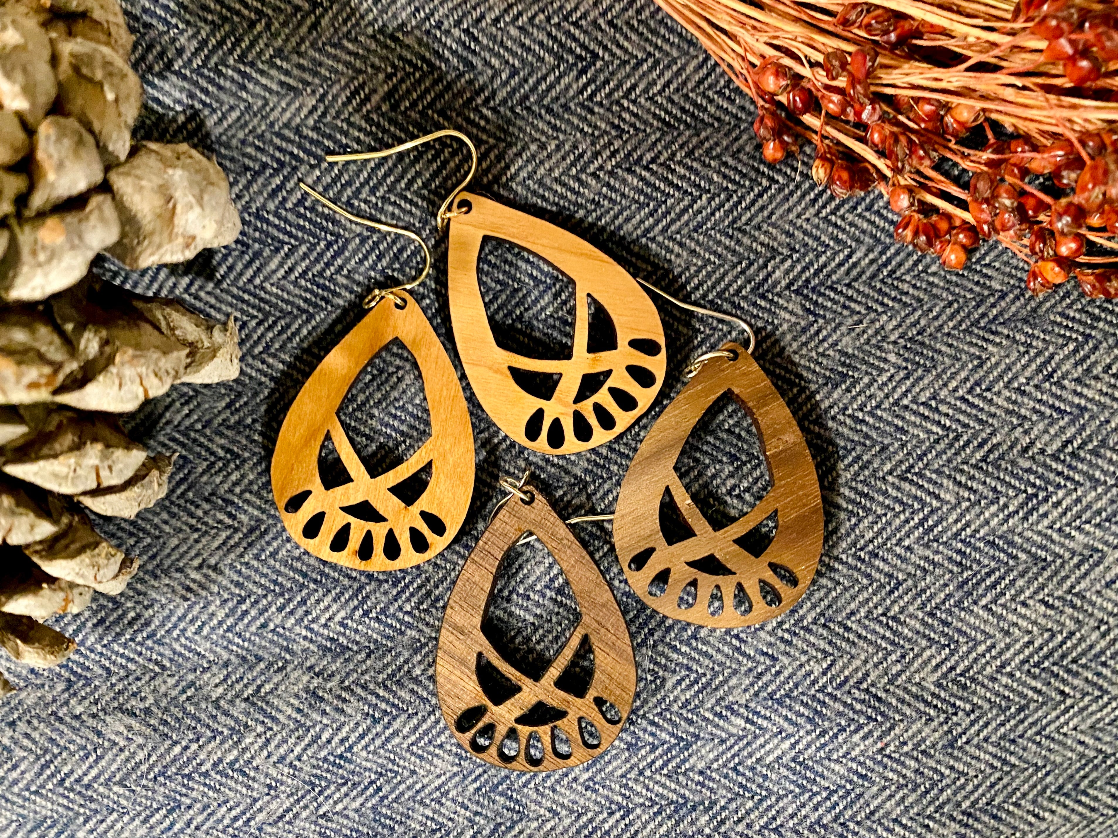 Intricate Wood Teardrop Earrings