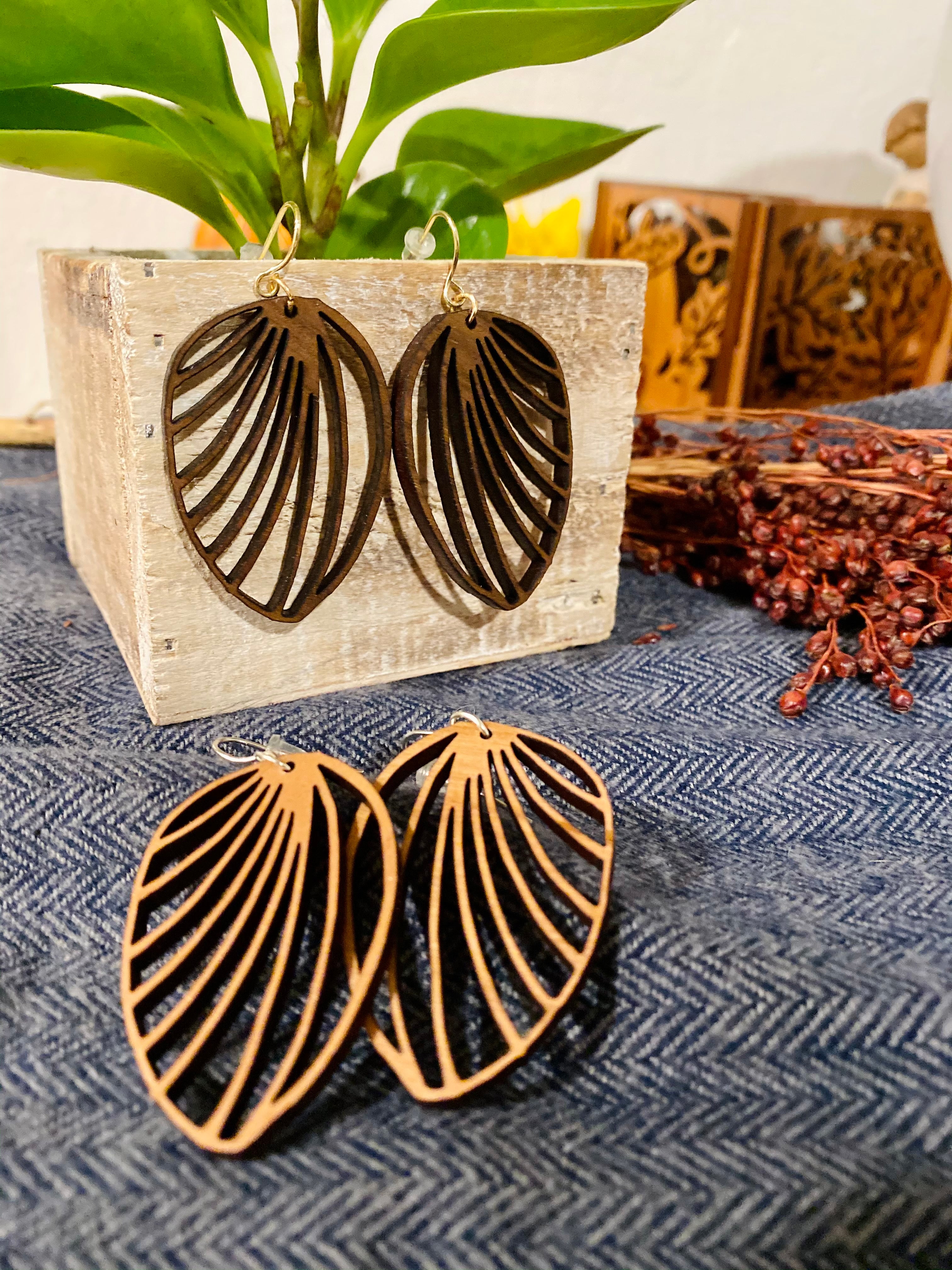 Palm Leaf Wood Earrings