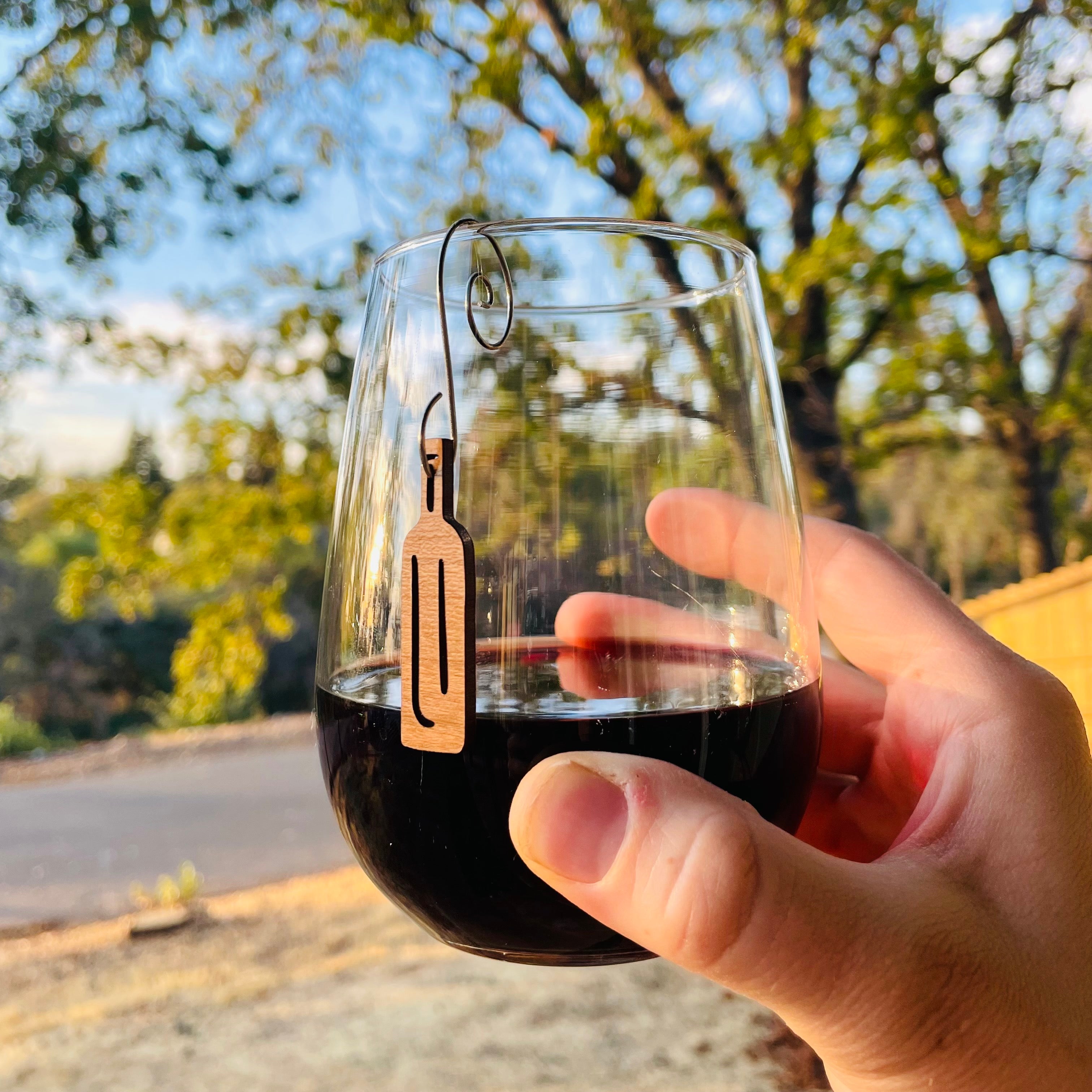 Wood Wine Themed Glass Charms Stemmed Stemless