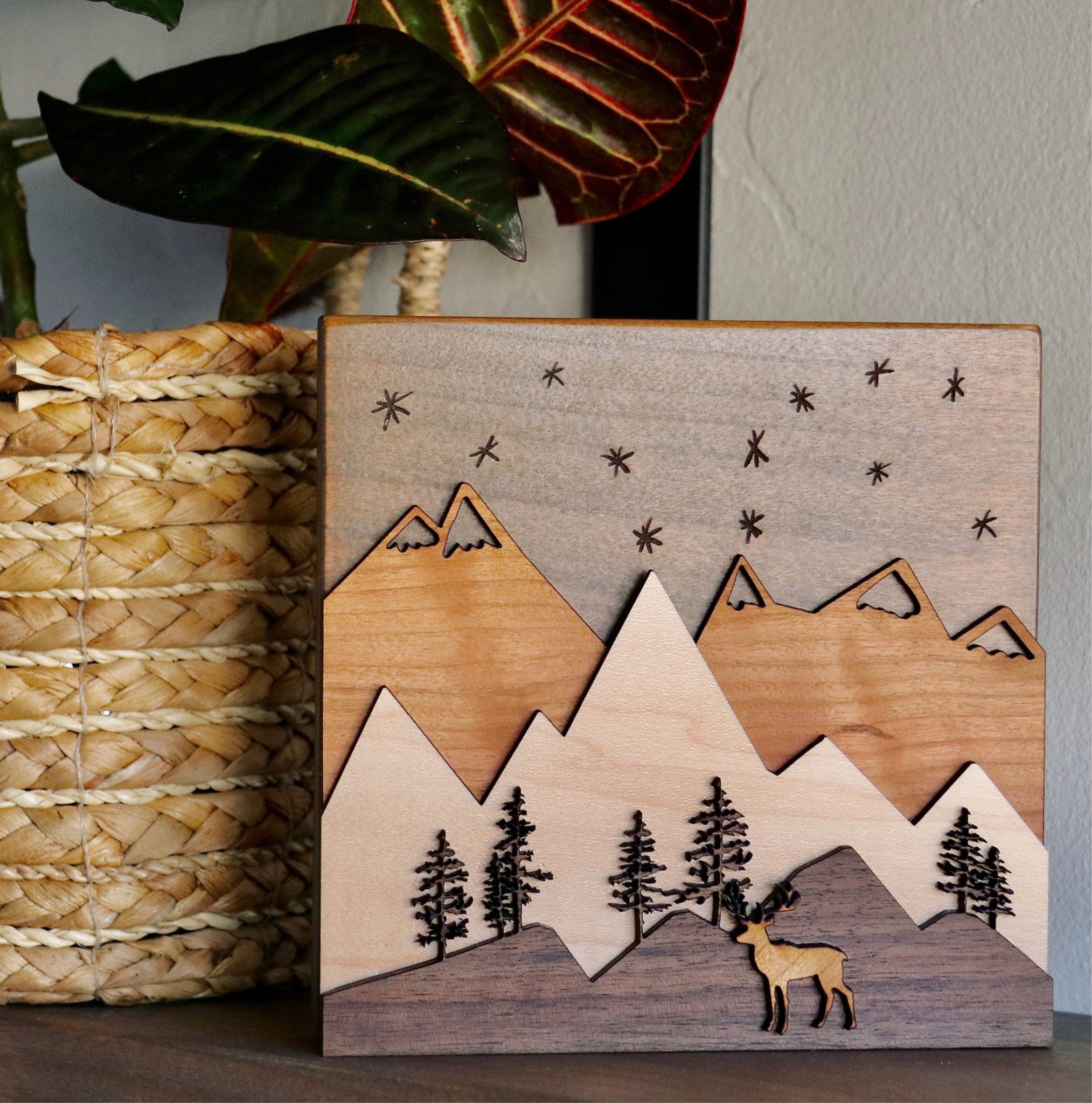 Mountain Buck Scene Layered Wood Art Piece