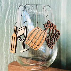 Wood Wine Themed Glass Charms Stemmed Stemless