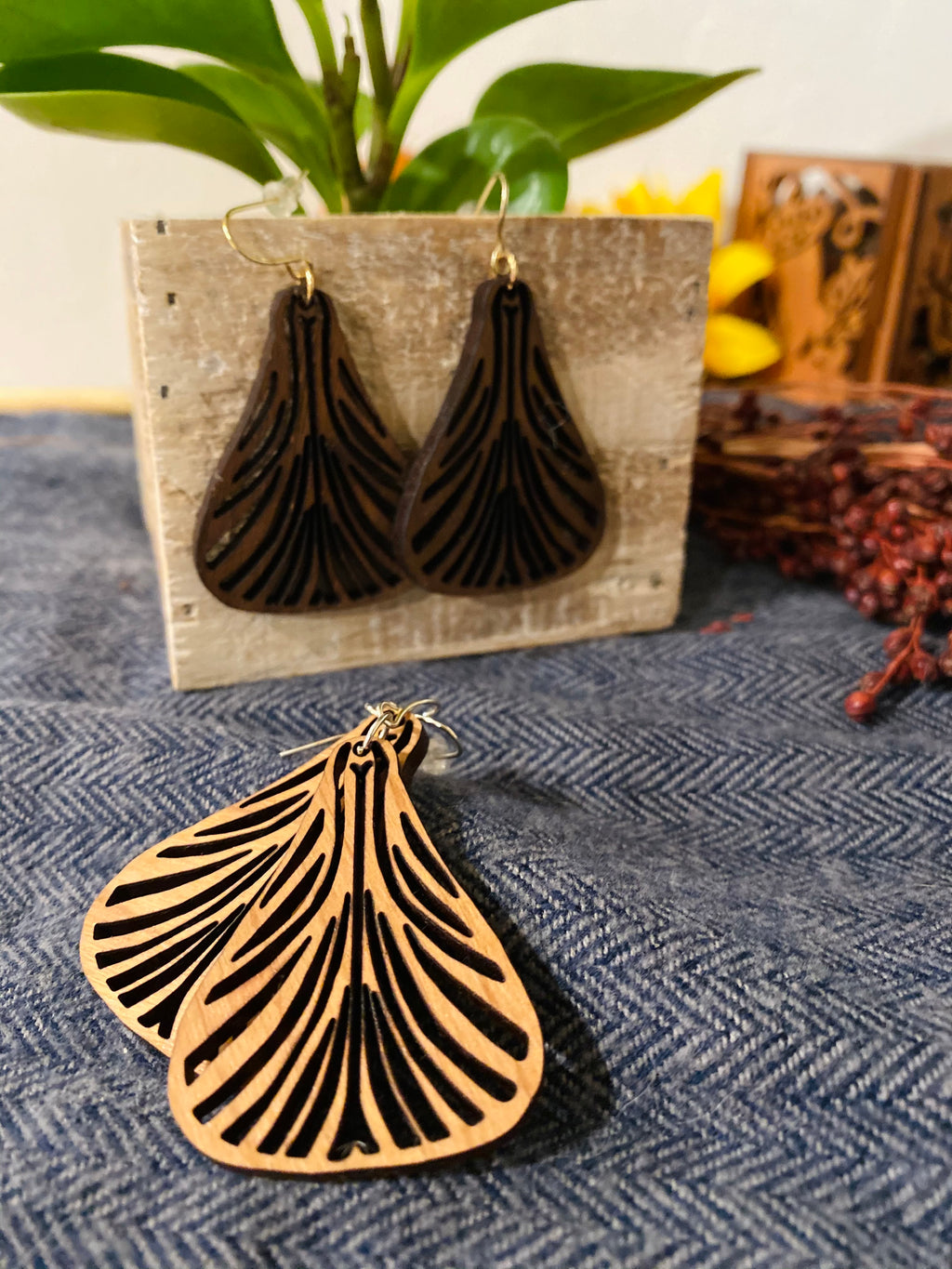 Wood Fan Dangle Earrings